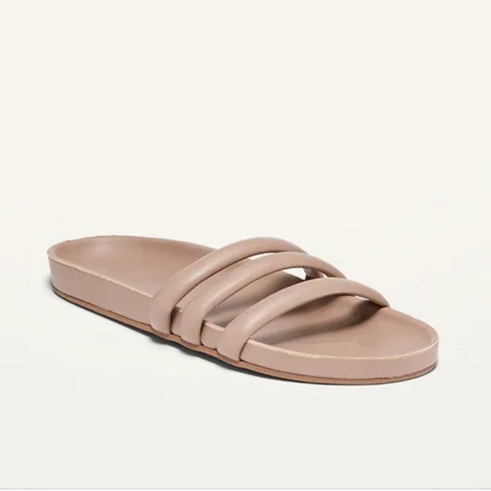 Faux-Leather Triple-Strap Slide Sandals Size 8.5. Color Taupe